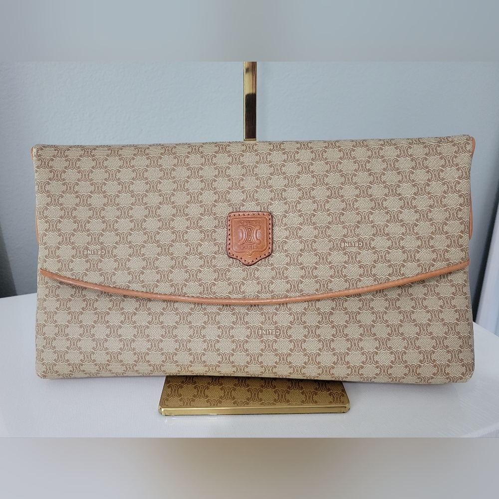 Celine Beige Monogram Canvas Fold-Over Clutch with Tan Trim